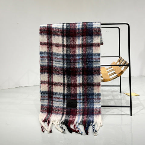 Red-blue Plaid Color-Block Women's Scarf - Autumn/Winter Thick Warm Neck Wrap with Tassels