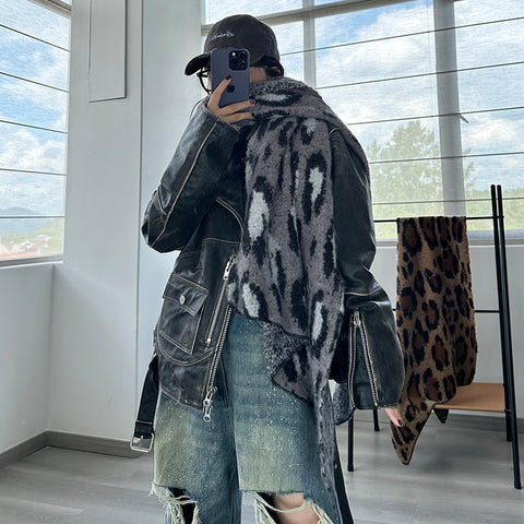 Grey Leopard Luxurious Thick Faux Cashmere Knitted Shawl - Versatile 55 x 210 cm Winter Scarf