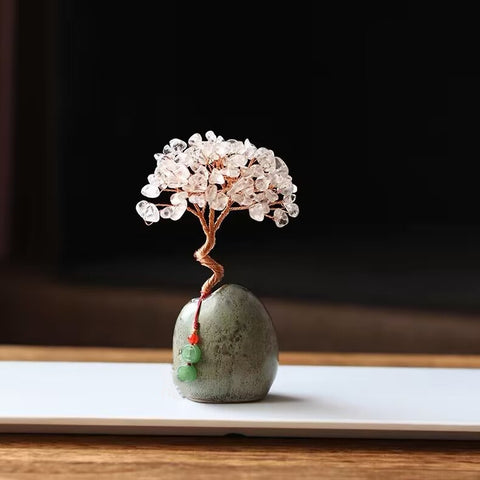 White Crystal Natural Crystal Wealth Tree - 12cm Feng Shui Decor, Elegant Office Desk Ornament
