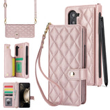 Rose Gold Galaxy Z Fold3 Multi-Functional Leather Wallet Case for Samsung Z Fold Series - Crossbody with Pen Slot, Quilted Design Pen Not Included