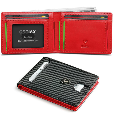 Men's Slim Leather Bifold Wallet - RFID Blocking, 11 Card Slots, ID Window(Twill black and red)