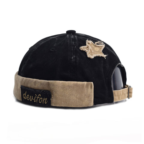 Vintage Washed Cotton Docker Cap - Unisex Brimless Beanie Hat with Star Patch(Black)