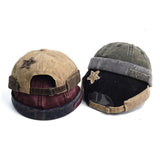 Vintage Washed Cotton Docker Cap - Unisex Brimless Beanie Hat with Star Patch(Khaki)