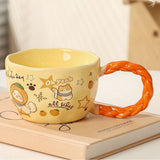 Whimsical Cat & Friends Ceramic Mug - 320ml with Unique Twisted Handle (Yellow)