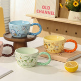 Whimsical Cat & Friends Ceramic Mug - 320ml with Unique Twisted Handle (Green)