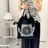 Printed Canvas Tote Bag - Water-Resistant, Large Capacity Shoulder Bag with Intricate Pattern(Black datura flower)
