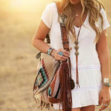 Bohemian Style Canvas Hobo Bag with Tassels & Geometric Print - Large Capacity Shoulder Bag(Khaki)