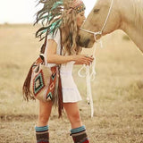 Bohemian Style Canvas Hobo Bag with Tassels & Geometric Print - Large Capacity Shoulder Bag(Khaki)