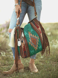 Bohemian Style Canvas Hobo Bag with Tassels & Geometric Print - Large Capacity Shoulder Bag(green)