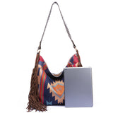 Bohemian Style Canvas Hobo Bag with Tassels & Geometric Print - Large Capacity Shoulder Bag(green)