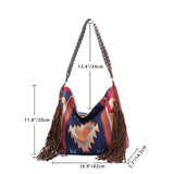 Bohemian Style Canvas Hobo Bag with Tassels & Geometric Print - Large Capacity Shoulder Bag(green)