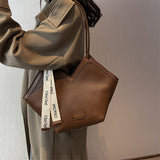 Chic Textured PU Leather Tote Bag with V-Cut Design & Decorative Ribbon Strap Accent(black)
