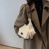 Chic Textured PU Leather Tote Bag with V-Cut Design & Decorative Ribbon Strap Accent(black)