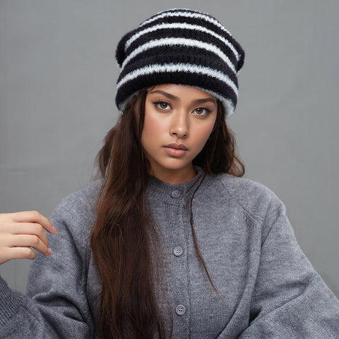 Trendy Dual-Tone Striped Beanie - Soft Plush Knit, Versatile Winter Cap (Black and white)