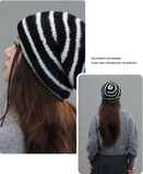 Trendy Dual-Tone Striped Beanie - Soft Plush Knit, Versatile Winter Cap (Black and white)