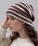 Trendy Dual-Tone Striped Beanie - Soft Plush Knit, Versatile Winter Cap (Brown and white)