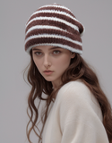 Trendy Dual-Tone Striped Beanie - Soft Plush Knit, Versatile Winter Cap (Brown and white)