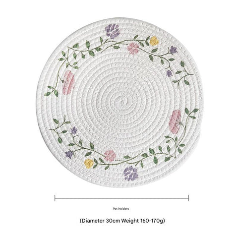 (Flowers) Cotton Rope Woven Placemats - Set of 3, 30cm Diameter Heat Resistant Kitchen Decor
