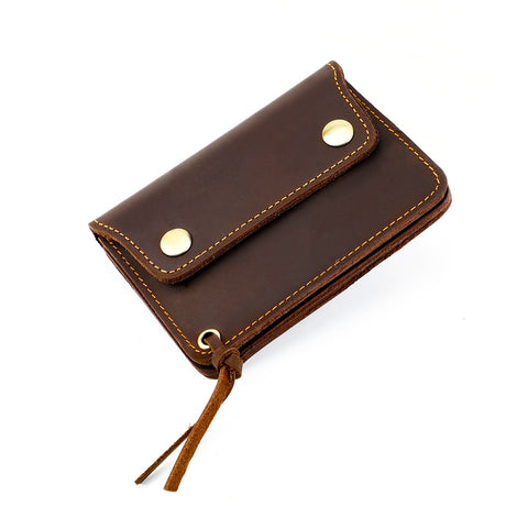 Coffee Vintage Handmade Crazy Horse Leather Wallet - Compact Card Holder & Zippered Coin Purse with Snap Closure