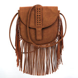 Brown Chic Bohemian Fringe Crossbody Bag - Suede-Look PU Leather with Braided Detail & Adjustable Strap