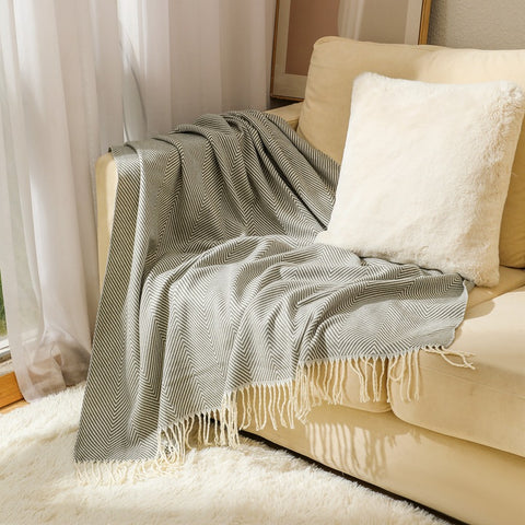 Grey Elegant Herringbone Tassel Throw Blanket - Large Acrylic Faux Cashmere Soft Cozy Blanket for Sofa, Bed & Decor (130x240cm)