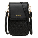 Black Chic Quilted Crossbody Phone Bag - PU Leather Mini Purse with Floral Stitching & Adjustable Strap