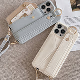 Beige Chic PU Leather Crossbody Wallet Case for iPhone 16 Pro - Card Holder with Detachable Strap & Finger Ring Grip