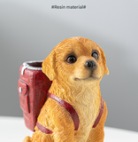 Red Backpack Charming Golden Retriever Puppy Pen Holder - Resin Desktop Organizer & Decorative Figurine