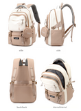 Brown and White Large Capacity Student Backpack - Durable Oxford Cloth School Bag with Laptop Compartment & Multiple Pockets