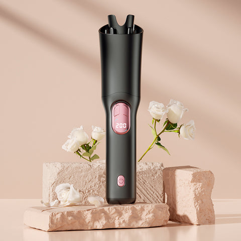 Black Portable Cordless Hair Curler - USB-C Rechargeable Automatic Hair Waver with Ceramic Barrel & Anti-Scald Design