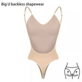 2 Pcs Size M Skin Color Seamless Backless Bodysuit Shapewear - Deep U-Plunge Tummy Control Thong Shaper