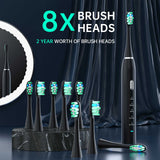 Black Sonic Rechargeable Electric Toothbrush with 8 Heads & Travel Case - 5 Brushing Modes & Smart Timer(USB)