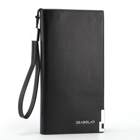 Black Men's Business Casual Long Wallet Clutch - PU Leather Large Capacity Phone & Card Holder with Wrist Strap
