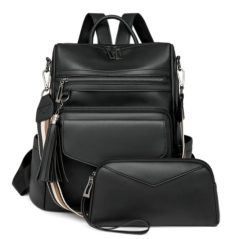 Black Women's Retro PU Leather Backpack - Dual-Color Tassel Design, Winter High-End Style