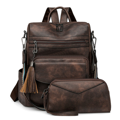 Dark-brown Women's Retro PU Leather Backpack - Dual-Color Tassel Design, Winter High-End Style