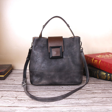 Vintage Grey Leather Handbag - Elegant Multi-Functional Design