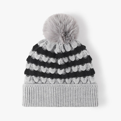 2-PCS Grey Stylish Two-Tone Pom-Pom Ear Warmer Knit Hat - Lined for Women