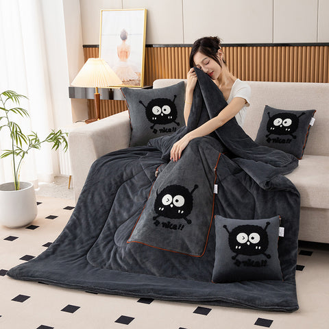 Dark Grey Padded and Thickened Elf 2-in-1 Foldable Car Pillow Blanket - Cozy 40x40cm Pillow, Unfolds to 100x150cm Blanket for Travel and Office Naps