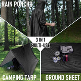 Grey 3-in-1 Waterproof Rain Poncho - Lightweight Hooded Raincoat, Ground Tarp & Emergency Shelter for Hiking, Camping, and Outdoor Survival