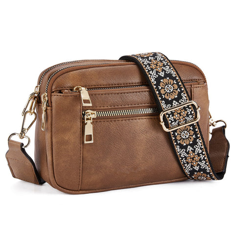 Double Zipper Brown Chic Quilted Crossbody Bag - Vintage PU Leather Shoulder Purse with Adjustable Strap