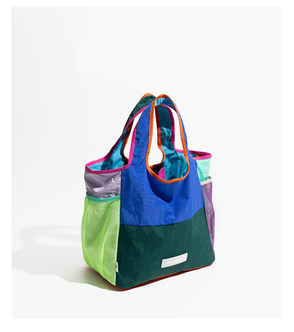 Green Vibrant Colorblock Foldable Tote Bag Lightweight Reusable Shopping Shoulder Bag