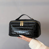 Black Chic Croc-Embossed Travel Makeup Case Large Capacity Cosmetic Organizer Bag