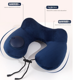 Black Press-to-Inflate Travel Neck Pillow - Ergonomic U-Shaped Cushion for Airplane and Car