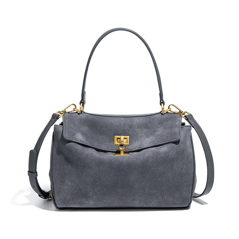 Grey Women's Vintage Suede Satchel Bag - Elegant Top Handle Purse with Gold Lock