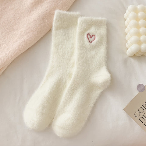 2-Piece Milky Women's Ultra-Soft Fuzzy Socks - Plush Chenille Thermal Crew Socks with Heart Embroidery
