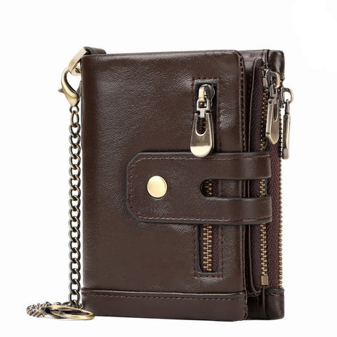 Coffee Genuine Leather Men's RFID Blocking Wallet - High Capacity Trifold with Zipper Coin Pocket