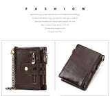 Red Genuine Leather Men's RFID Blocking Wallet - High Capacity Trifold with Zipper Coin Pocket