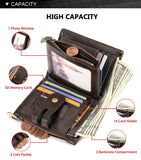 Brown Genuine Leather Men's RFID Blocking Wallet - High Capacity Trifold with Zipper Coin Pocket