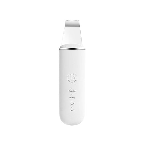 White Professional Ultrasonic Skin Scrubber - 4-in-1 Facial Spatula for Deep Cleaning, Blackhead Removal, and EMS Lifting
