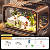 Brown  Modern Desktop Aquarium & Turtle Tank - Panoramic Viewing Fish Tank with Basking Platform & Lid
